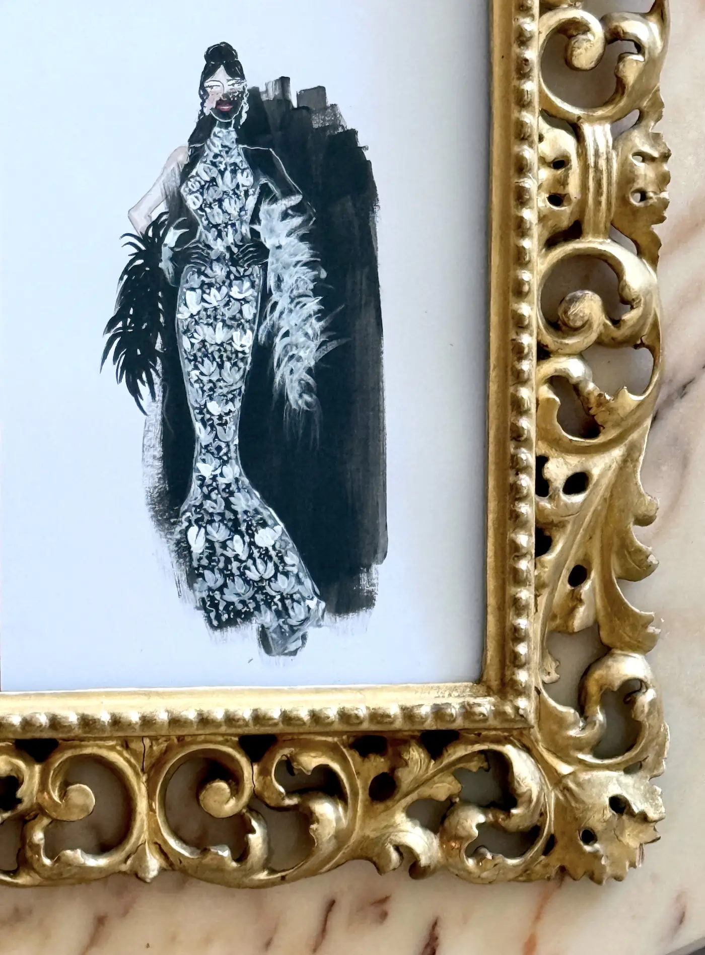 Framed black and white fashion commission drawing